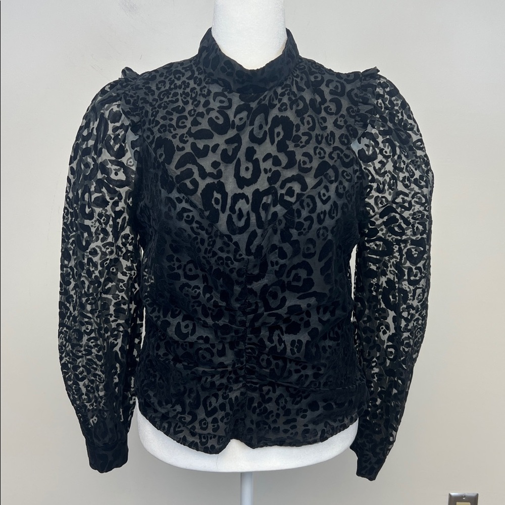Zara Women's Black Burnout Velvet Animal Print w/sheer Long Sleeve Blouse Size L